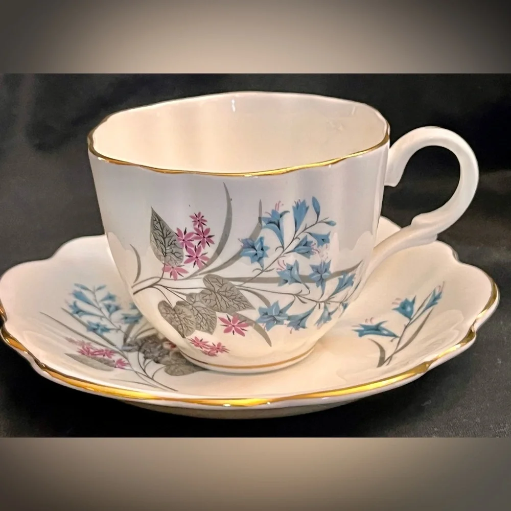 Vintage English Castle 22K Gold Trim Blue Lily Bone China Teacup Saucer Set Tea